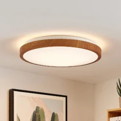 Lindby LED-Deckenleuchte Mynte, Ø42cm, Holzoptik, Kunststoff