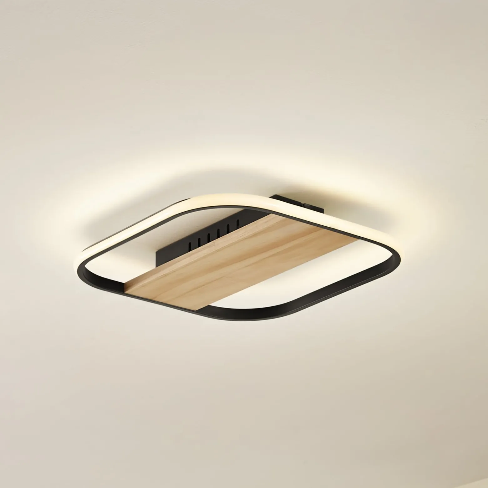 Lindby LED-Deckenleuchte Romilda, grau, Holz, 37 cm breit