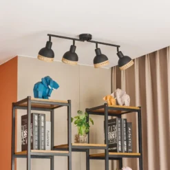Lindby Lonnaris Strahler, Rattan, schwarz, 4-fl.