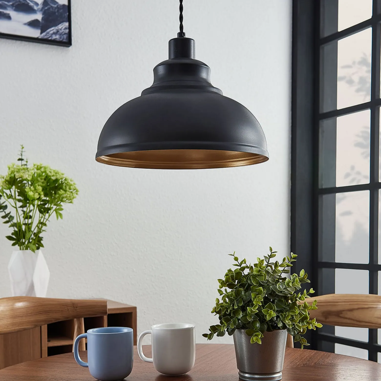 Lindby Pendellampe Albertine, schwarz, Metall, Ø 29 cm, E27