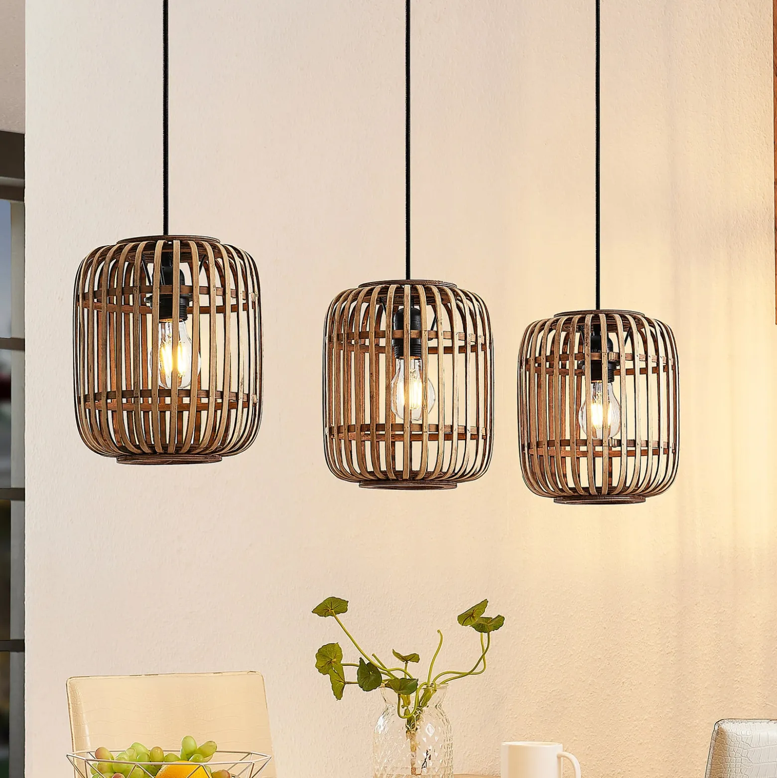 Lindby Pendellampe Canyana, natur, 3-flg., Rattan, 105 cm