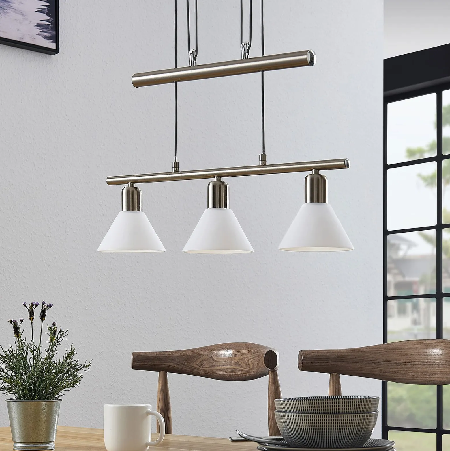 Lindby Pendellampe Delira, 3-flg., nickel, höhenverstellbar