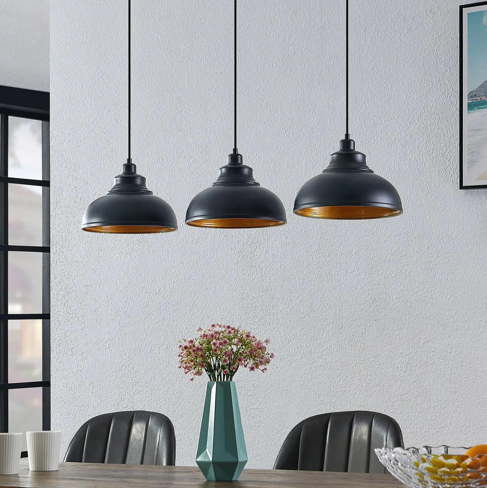 Lindby Pendellampe Emna, 3-flg., schwarz/gold, Metall, 101cm