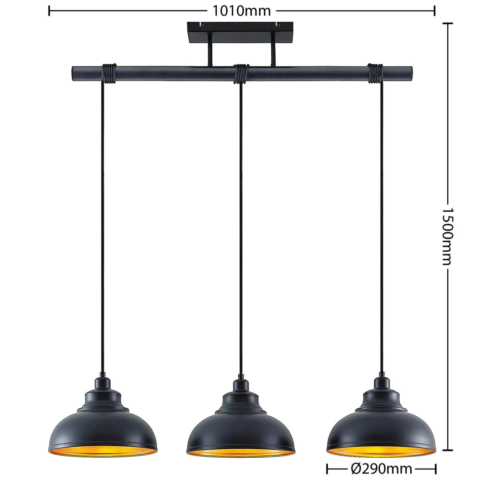 Lindby Pendellampe Emna, 3-flg., schwarz/gold, Metall, 101cm