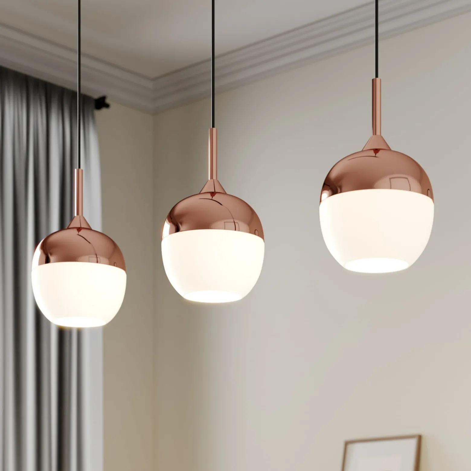 Lindby Pendellampe Rangina, 100 cm, kupfer, 3-flammig, Glas