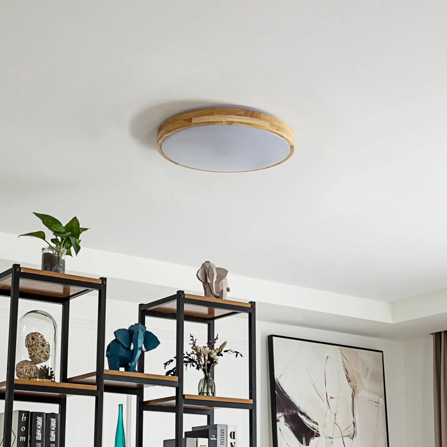 Lindby Smart LED-Deckenleuchte Innes Holz Ø39cm RGB CCT Tuya