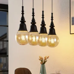 Lucande Gesja Pendellampe, 4-fl., lang, schwarz