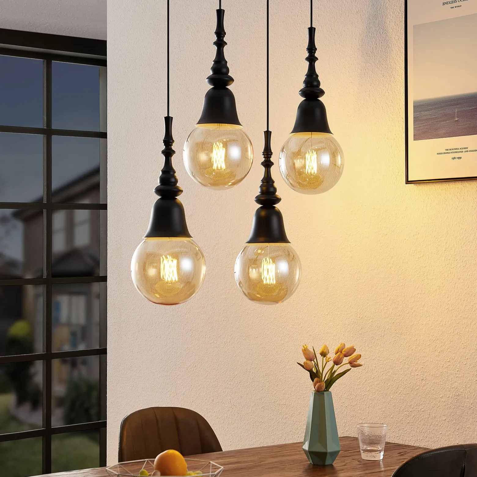 Lucande Gesja Pendellampe, 4-fl., lang, schwarz