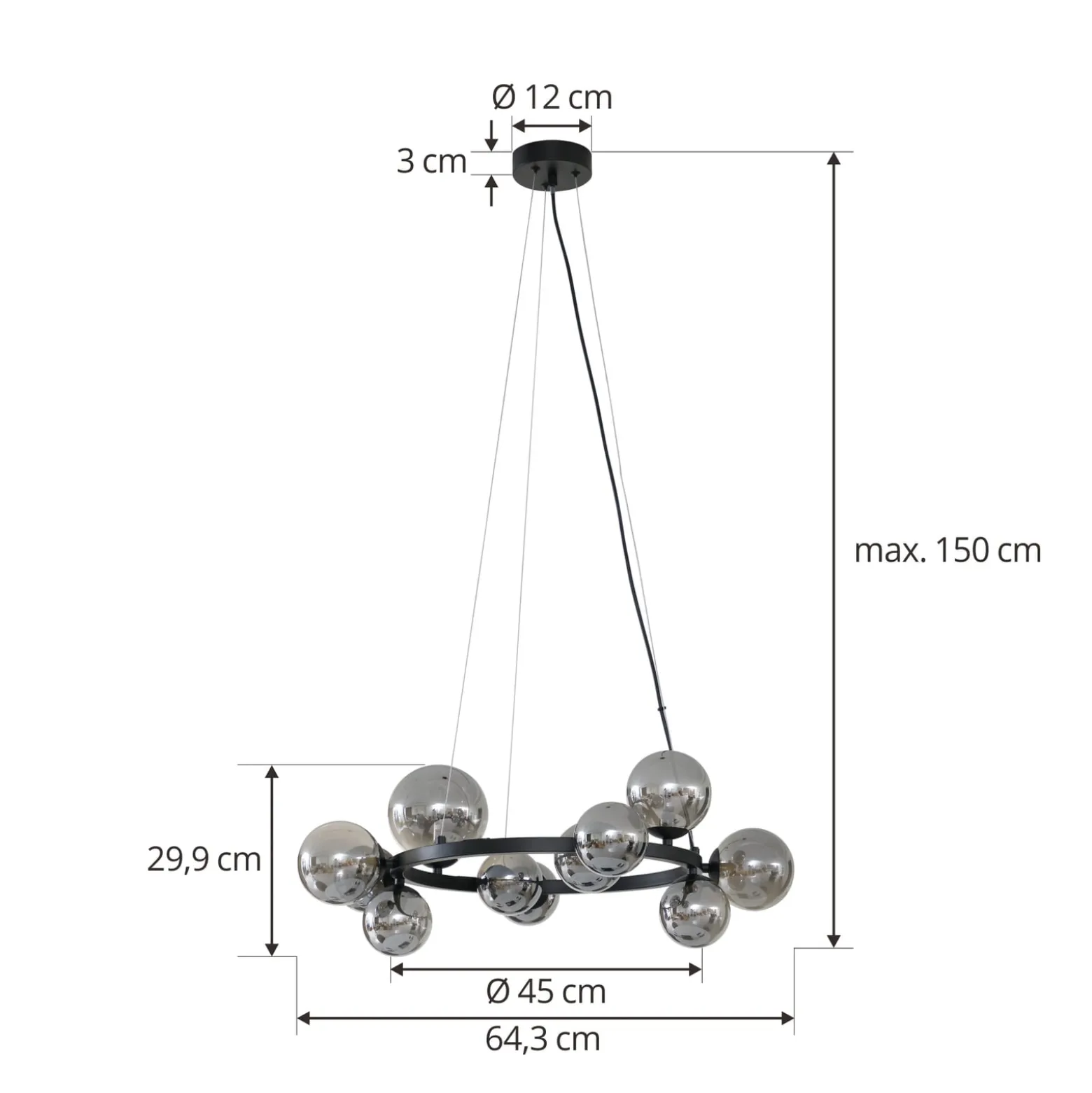 Lucande Hängeleuchte Naelen, schwarz/grau, 64,3 cm, Glas, G9