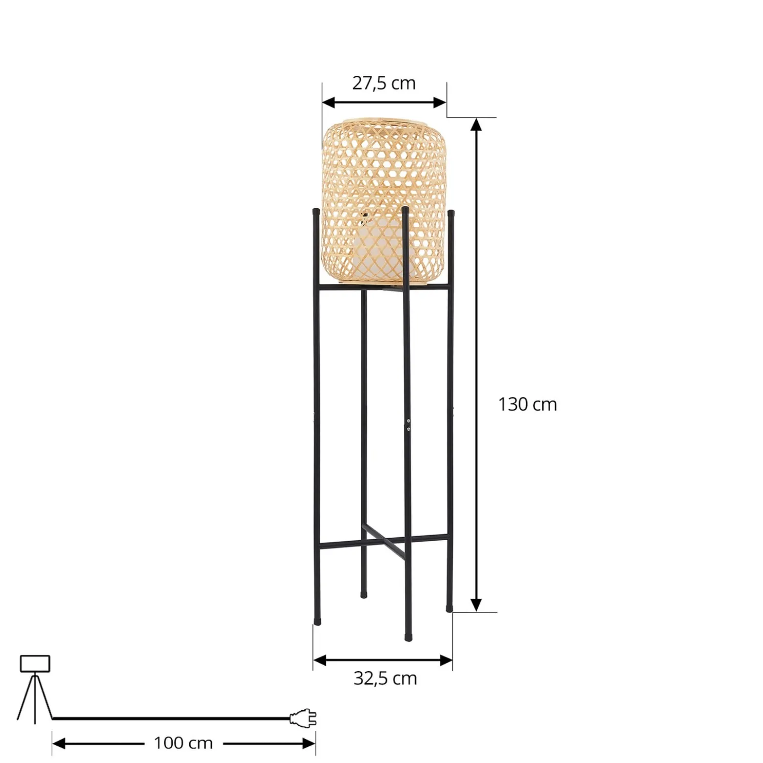 Lucande LED-Akku-Stehleuchte Adebi, schwarz, Bambus, Ø32,5cm