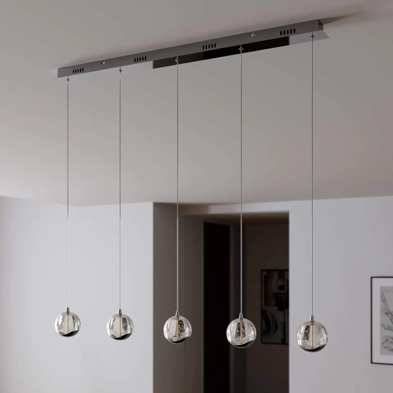 Lucande LED-Pendellampe Hayley, 96 cm, 5-flg., chrom, Glas