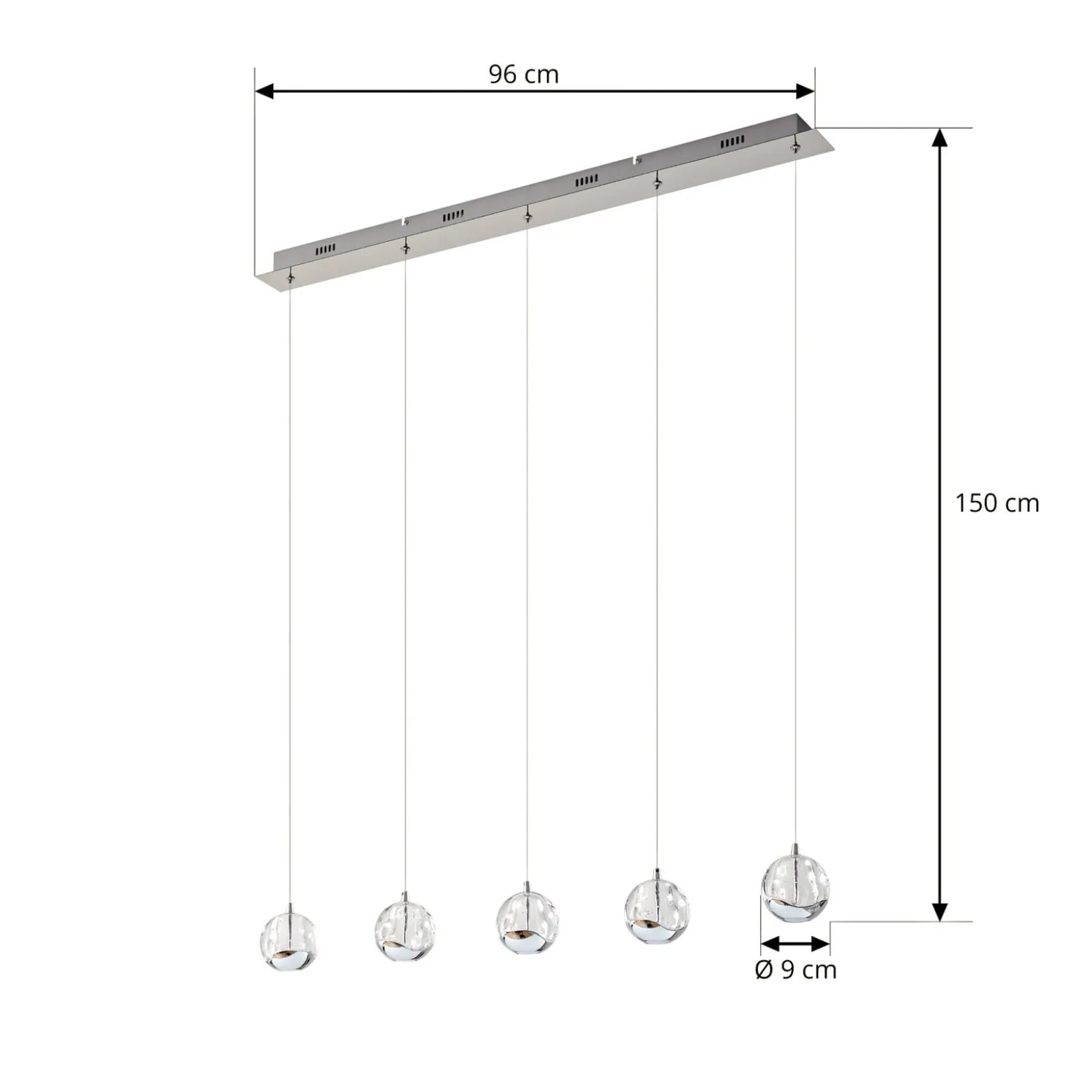 Lucande LED-Pendellampe Hayley, 96 cm, 5-flg., chrom, Glas