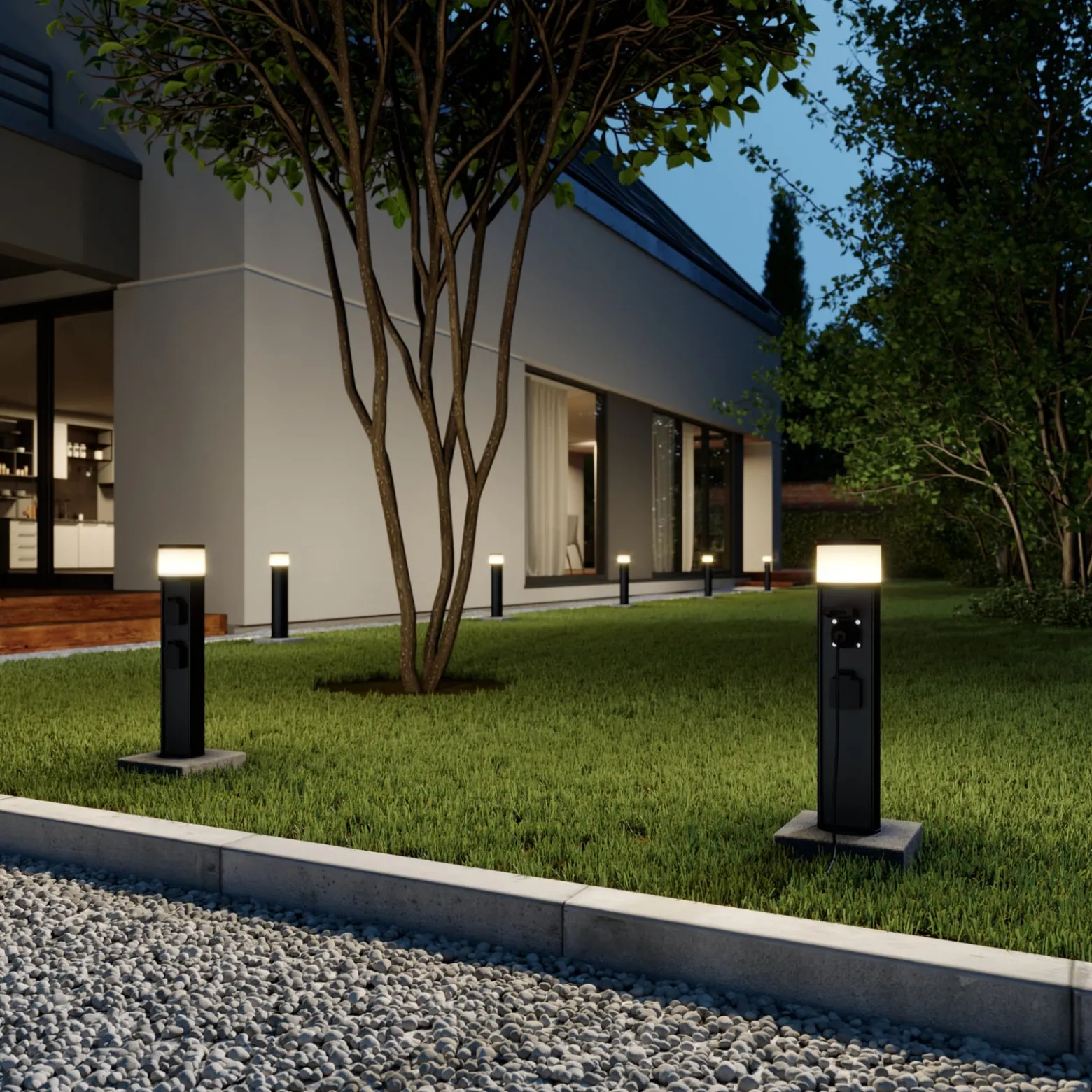 Lucande LED-Sockellampe Corban, grau, Steckdosen, IP44