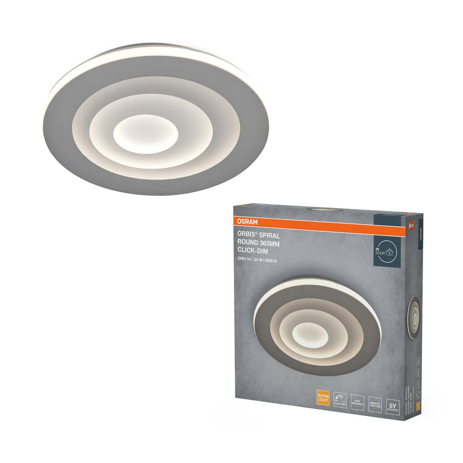 OSRAM LED-Deckenlampe ORBIS SPIRAL, Ø 37 cm, grau, clickdim