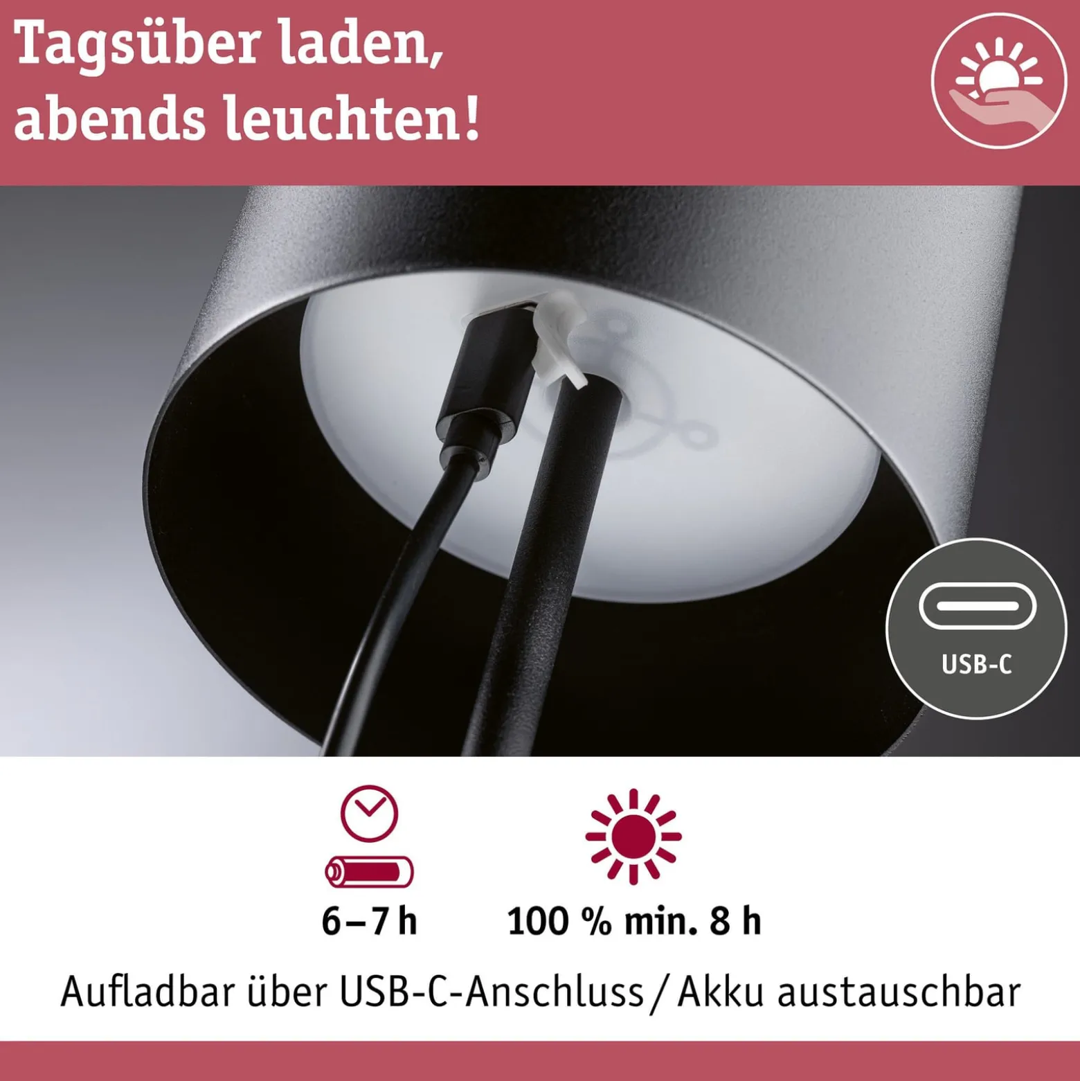 Paulmann LED-Akku-Tischlampe Tuni, schwarz, Kunststoff, IP44
