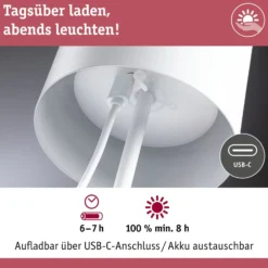 Paulmann LED-Akku-Tischleuchte Tuni, weiß, Kunststoff, IP44