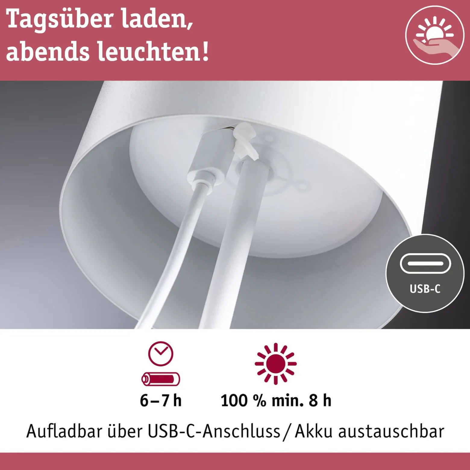Paulmann LED-Akku-Tischleuchte Tuni, weiß, Kunststoff, IP44