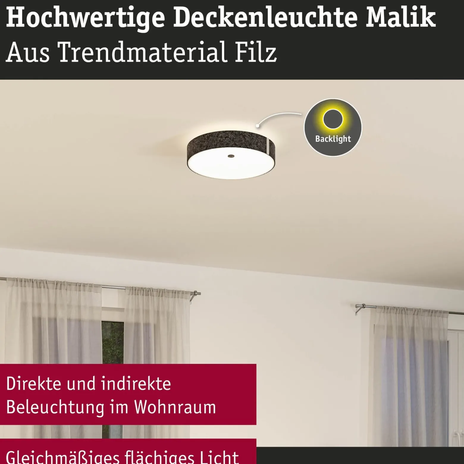 Paulmann LED-Deckenlampe Malika, anthrazit, Filz, 3-step-dim