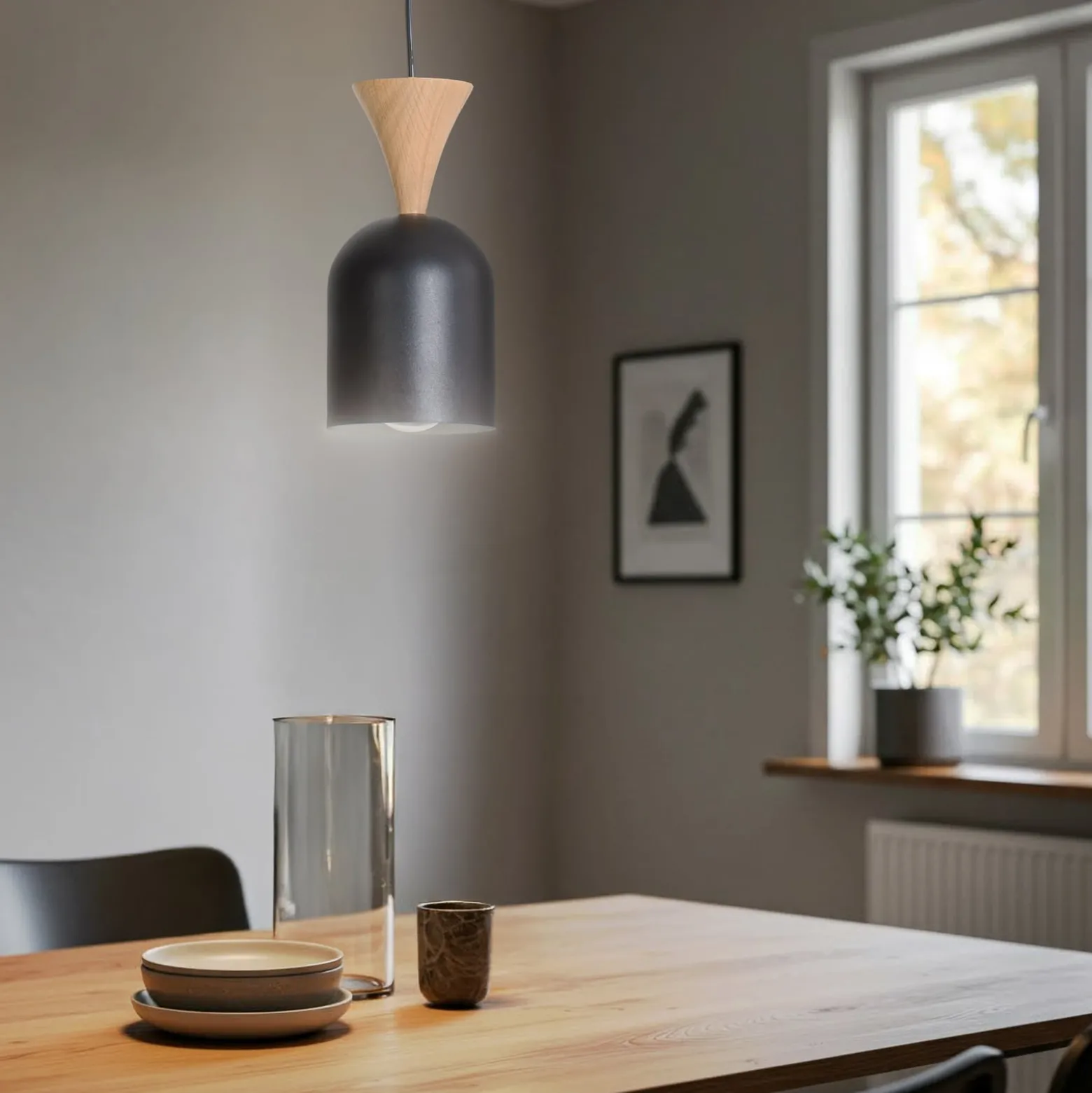 Pendellampe Nolan, Ø 11 cm, schwarz/eiche, Metall/Holz