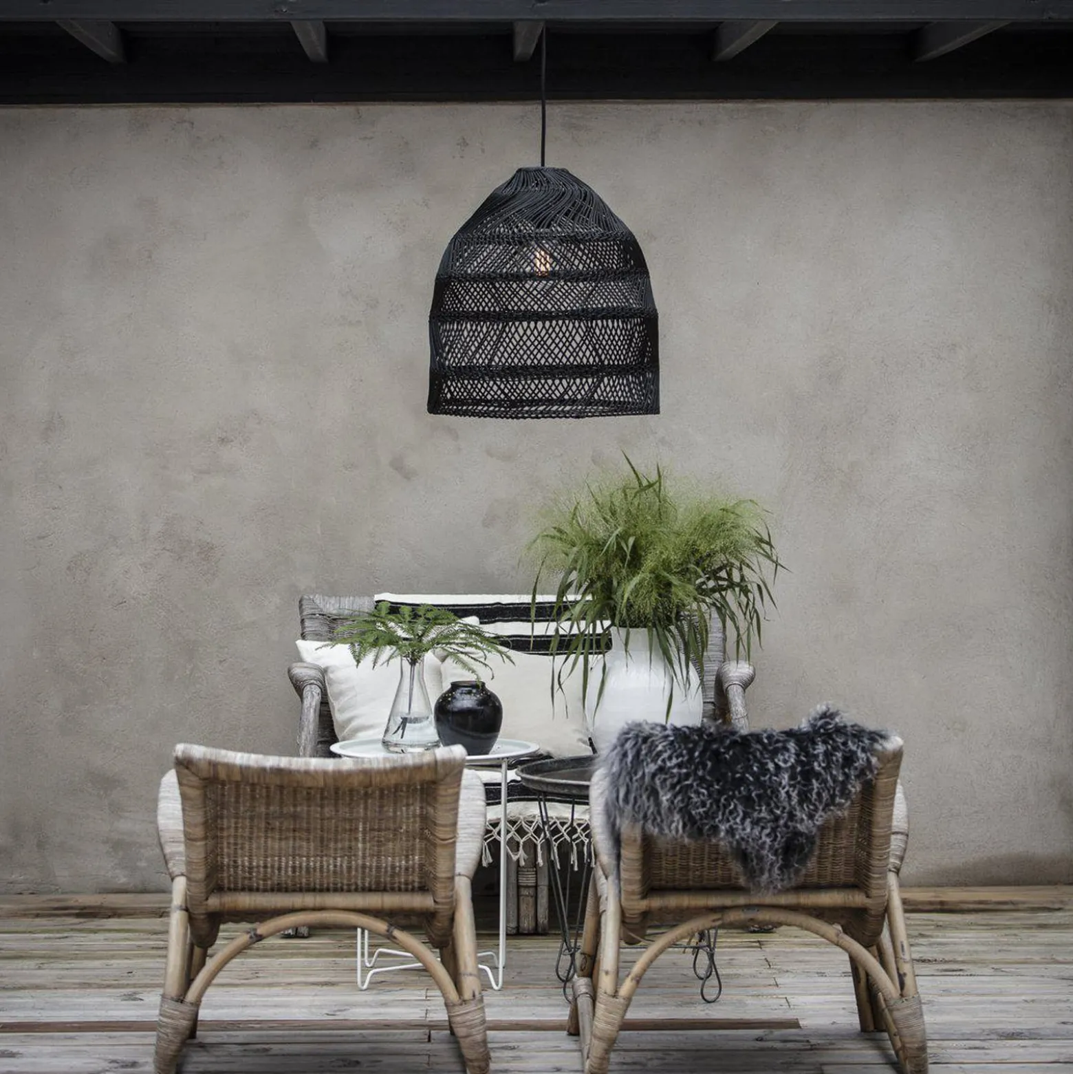 PR Home Hängelampe Maja, Rattan, schwarz, Ø 53 cm