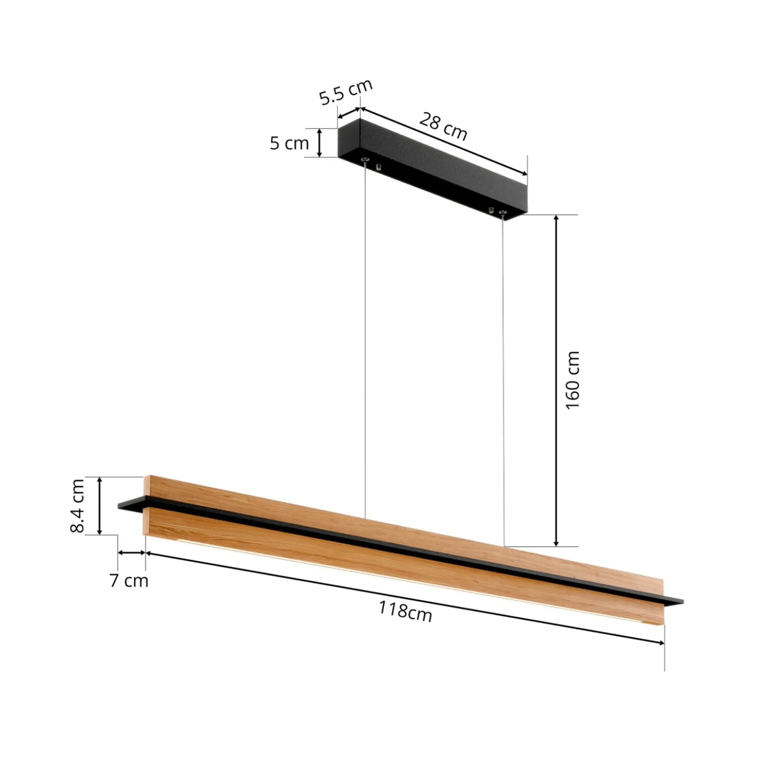 Quitani LED-Pendellampe Lexa, eiche/schwarz, Länge 118 cm