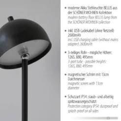 SCHÖNER WOHNEN LED-Akku-Stehlampe Bellis, schwarz, IP54