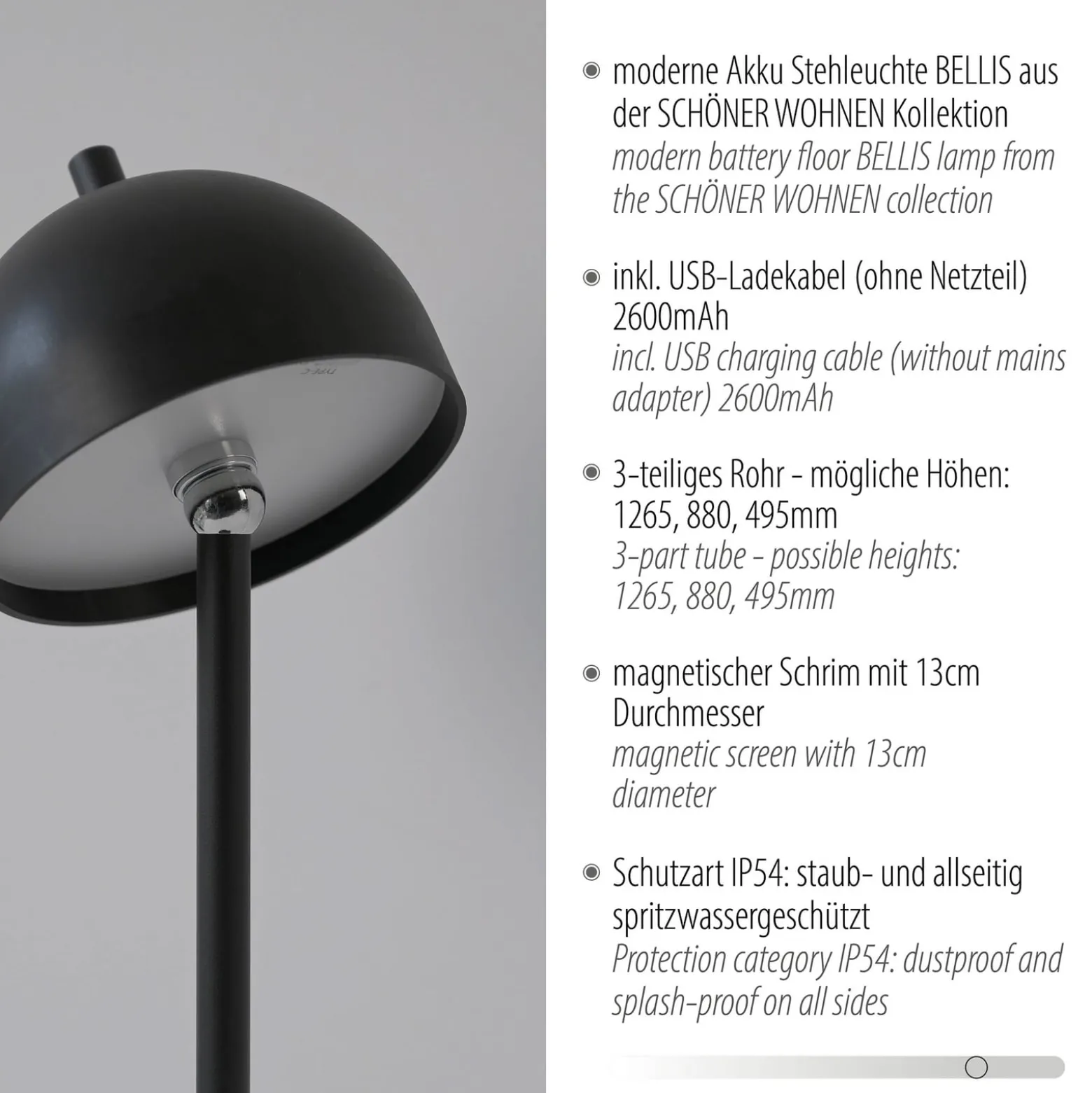 SCHÖNER WOHNEN LED-Akku-Stehlampe Bellis, schwarz, IP54