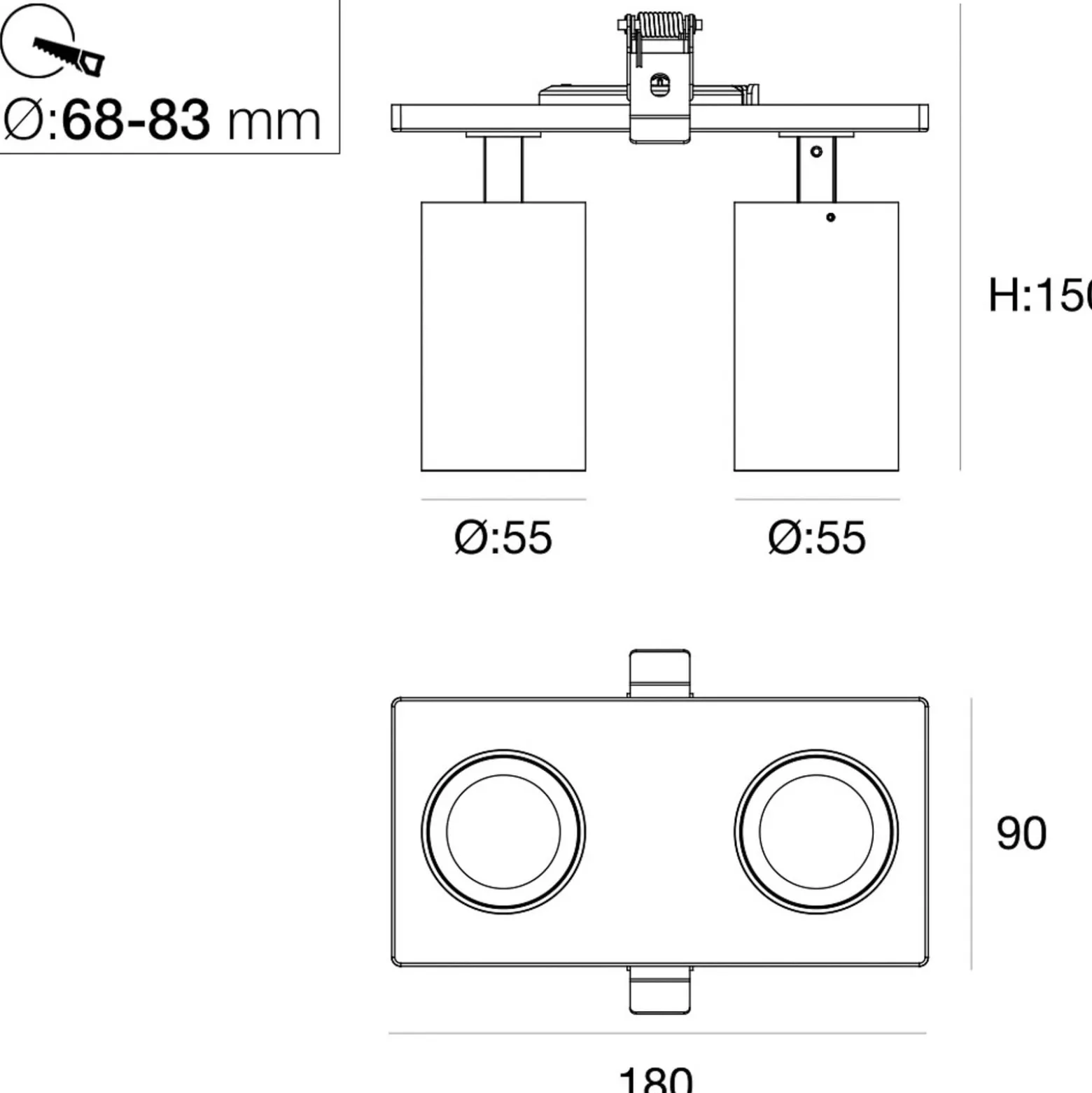 SLC LED-Einbaustrahler Art, 2-fl., schwarz, 3.000 K, Alu