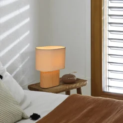 Tischlampe Santorini, holz hell/beige, 38 cm, Leinen/Keramik